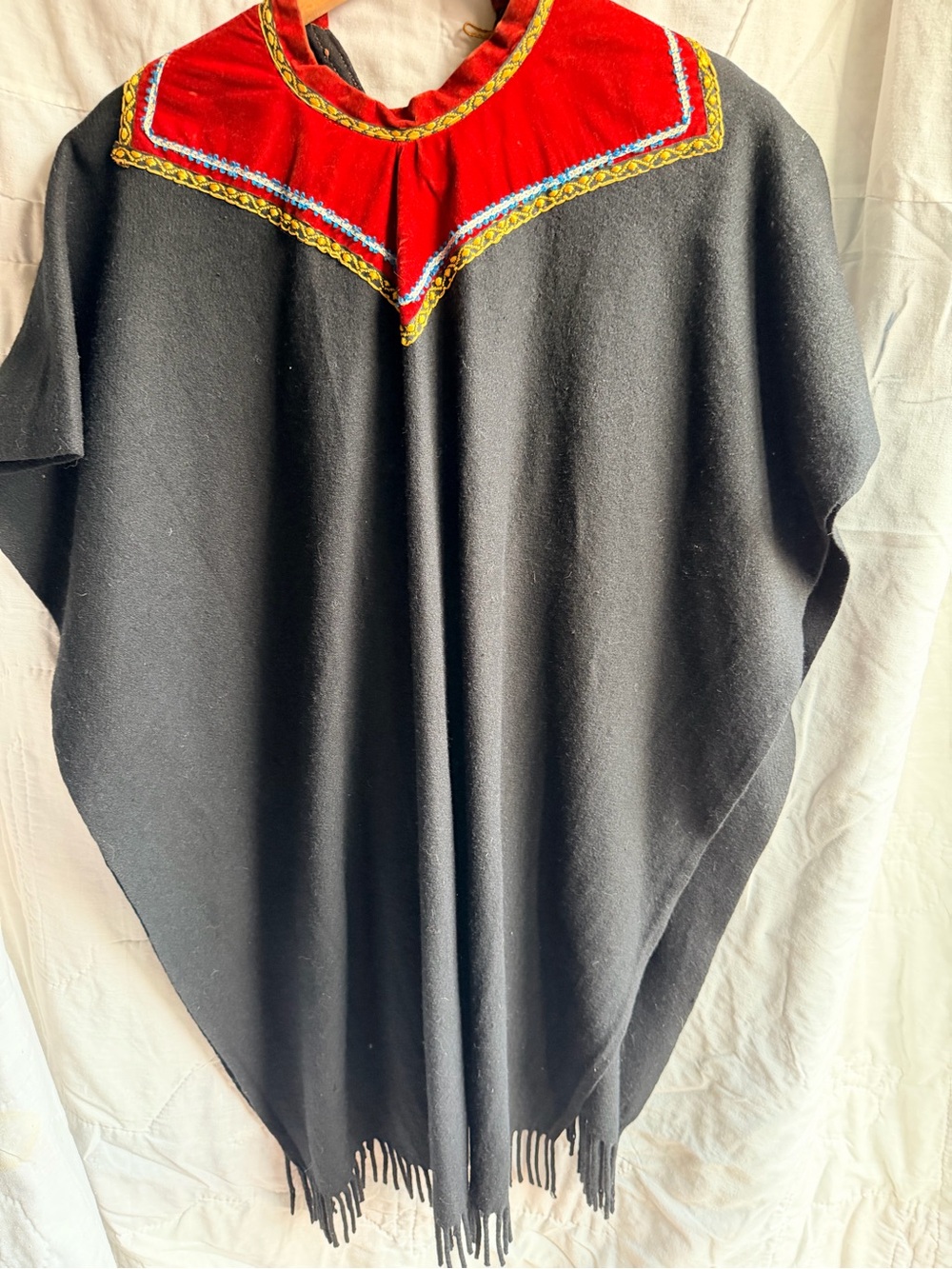 Vintage hippie Black Poncho Top wRed velvet Embroidered Collar. Fringe bottom